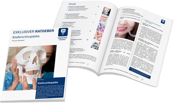 Ein Magazin-Exemplar mit dem Titel "Exklusiver Ratgeber Kieferorthopädie" und einer offenen Zeitschrift mit Text und Fotos.