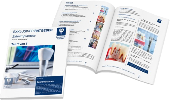 Buch mit Zahnimplantat-Themen, offene Seiten mit Text und Abbildungen von Zahnimplantaten.