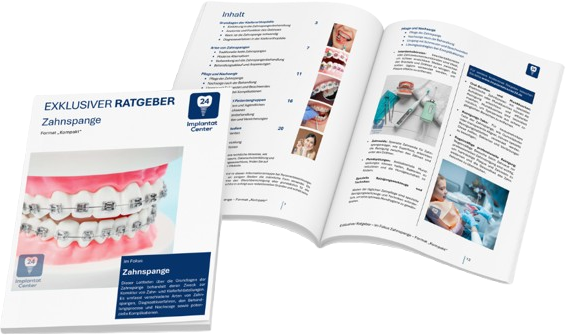 Ein offener Ratgeber über Zahnspangen mit Bildern von Zahnspangen und zahnärztlichen Behandlungen, zusätzlich eine geschlossene Broschüre mit ähnlichem Thema.