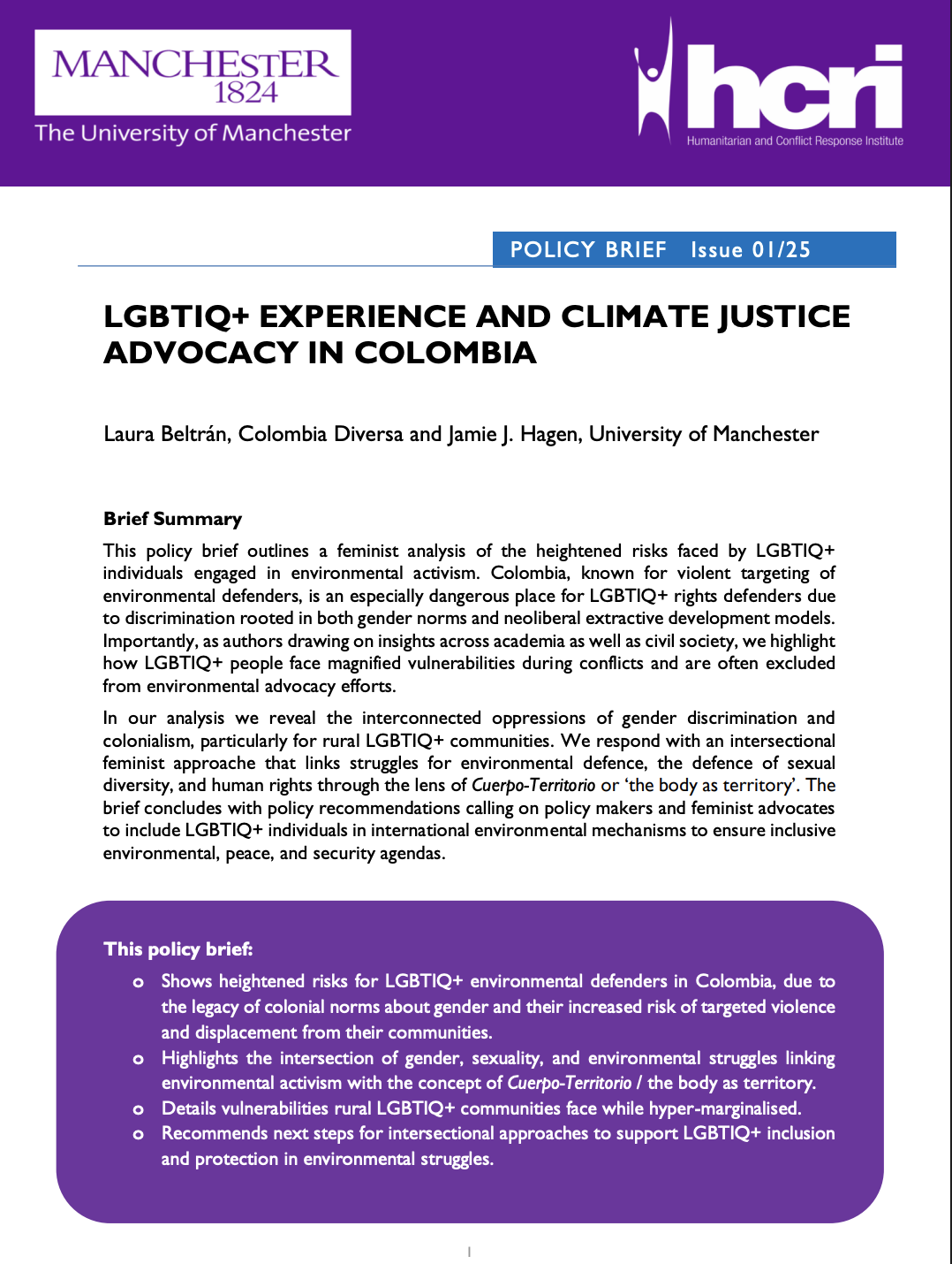 LGBTIQ+ EXPERIENCE AND CLIMATE JUSTICE
ADVOCACY IN COLOMBIA, HCRI, 2025