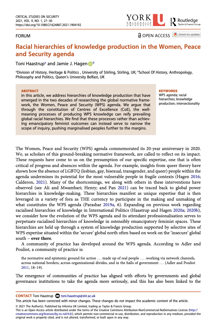 "Racial hierarchies of knowledge production in the Women, Peace and Security agenda" (w/ Toni Haastrup), 2021