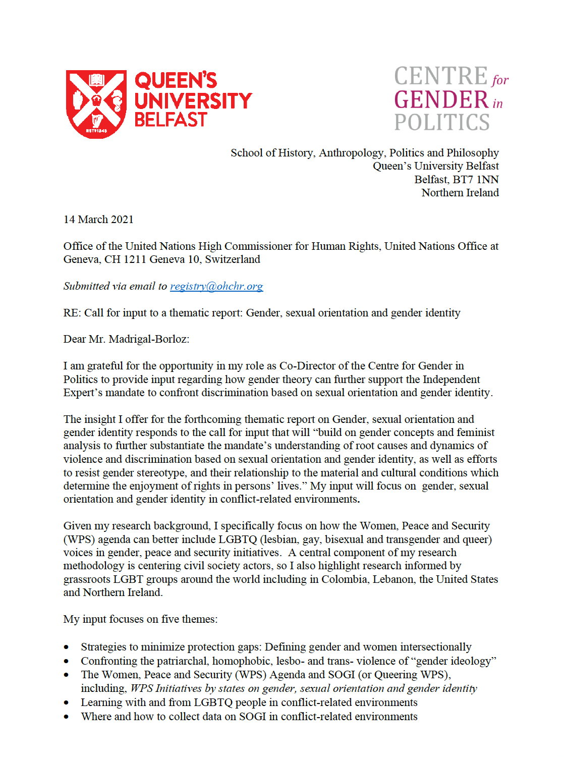 Input submitted by Jamie Hagen submitted for a thematic report: Gender, sexual orientation and gender identity, 2021