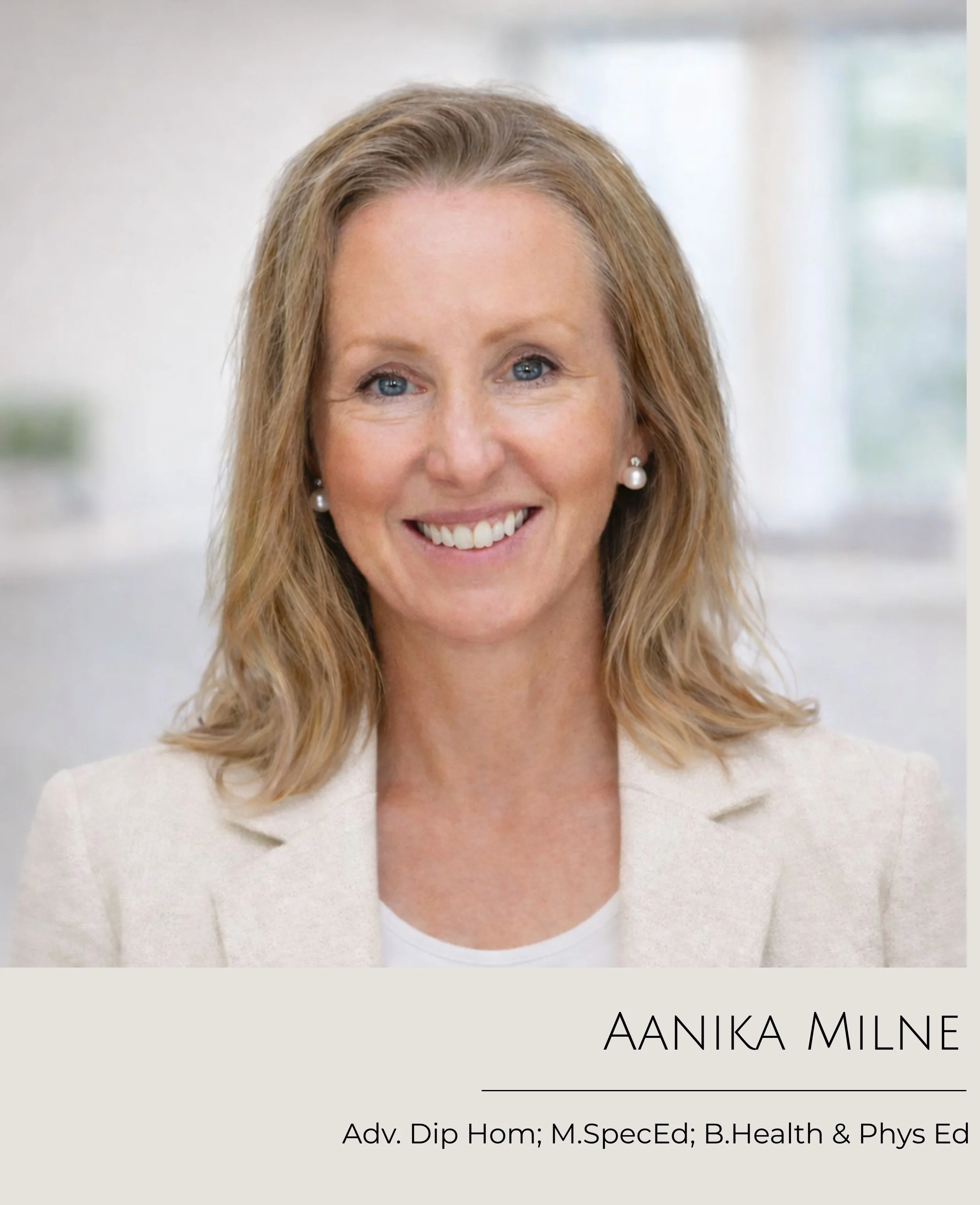 A professional headshot of a smiling woman with blonde hair and blue eyes, against a blurred office background. Text overlays indicate her name as Aanika Milne and her credentials as a homeopath and health educator.