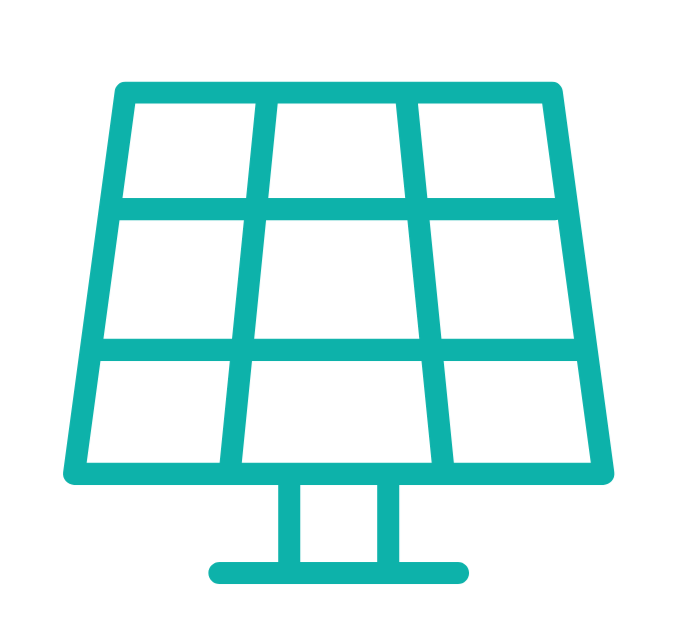 Line drawing of a solar panel with multiple rectangular cells mounted on a stand.