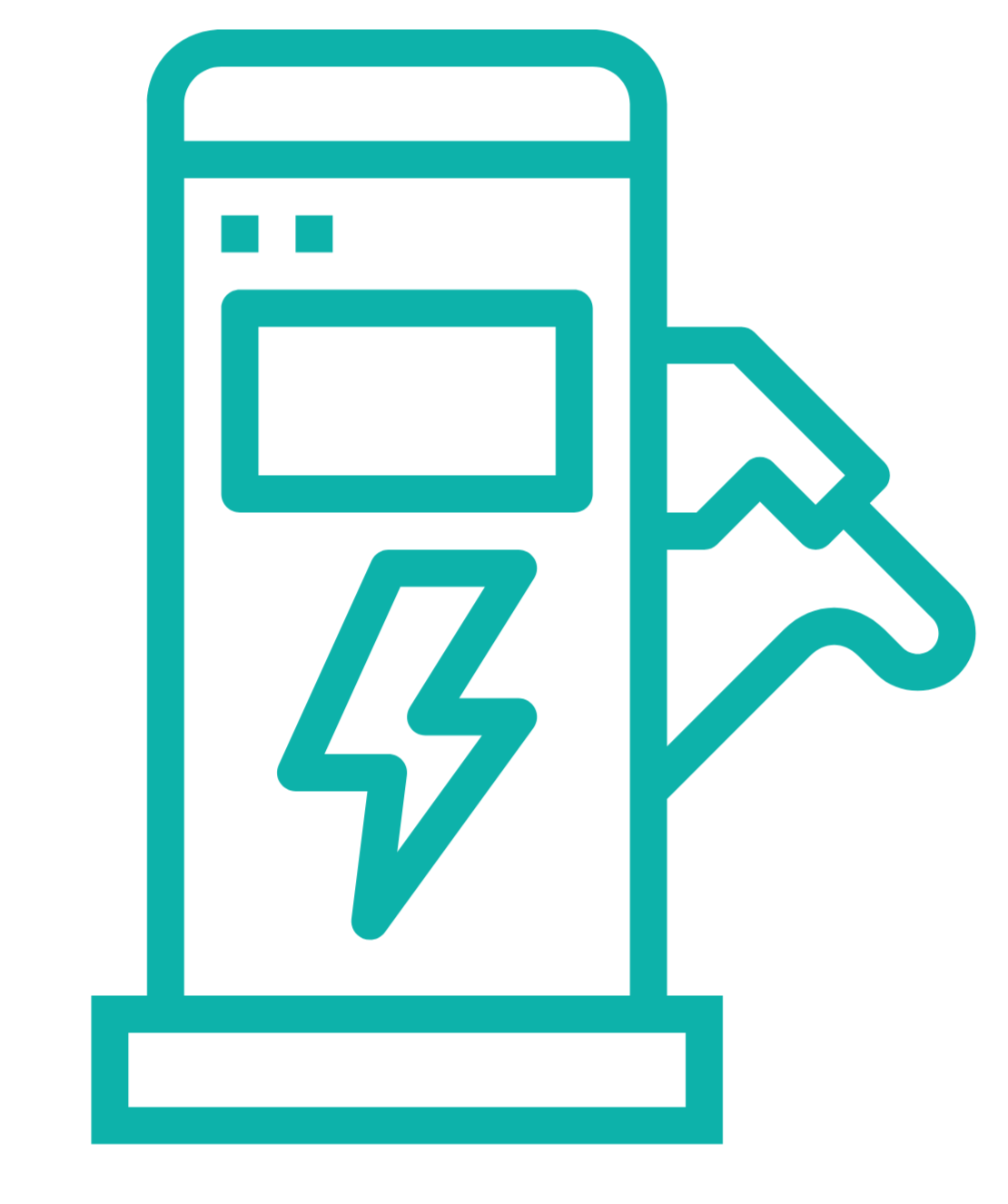 Line drawing of an electric vehicle charging station with a plug and a lightning bolt symbol.