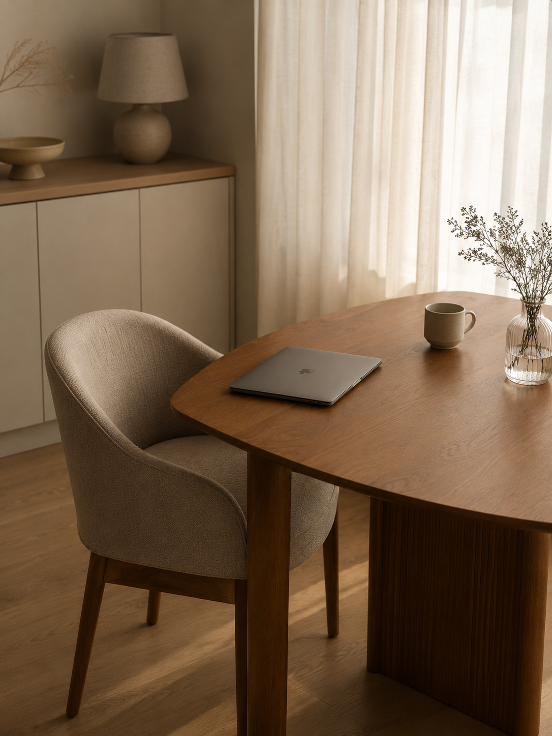 A cozy dining or workspace area with a wooden table, a beige upholstered chair, a closed silver laptop, a beige mug, and a glass vase with dried flowers, illuminated by natural light from behind sheer curtains.