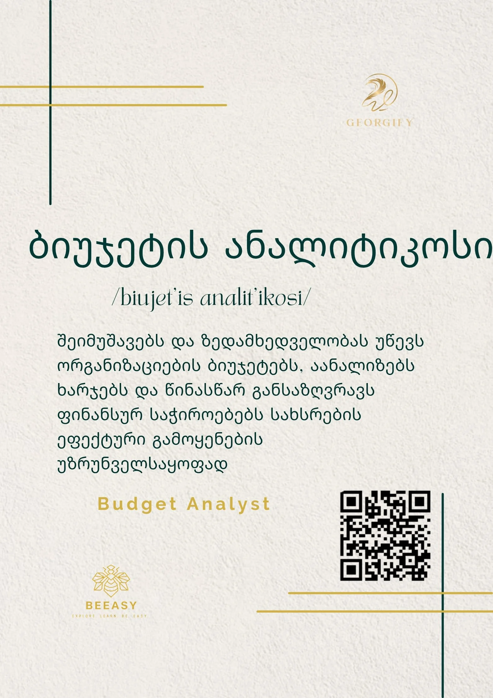 ბიუჯეტის ანალიტიკოსი - /biujet'is analit'ikosi/ - Budget Analyst