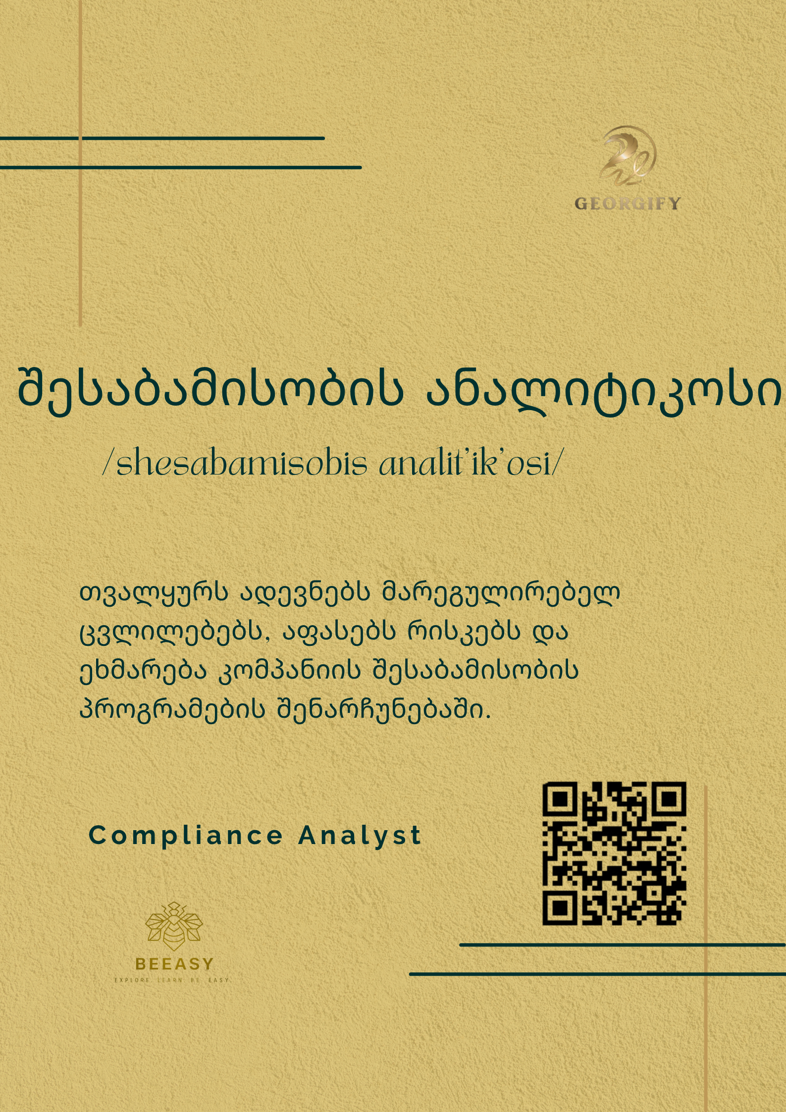 შესაბამისობის ანალიტიკოსი - /shesabamisobis analit'ik'osi/ - Compliance Analyst