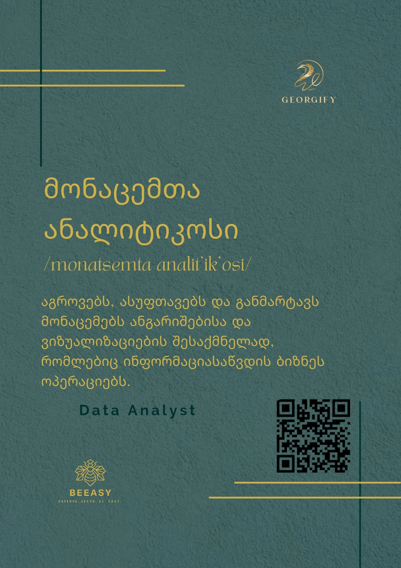 მონაცემთა ანალიტიკოსი - /monatsemta analit'ik'osi/ - Data Analyst