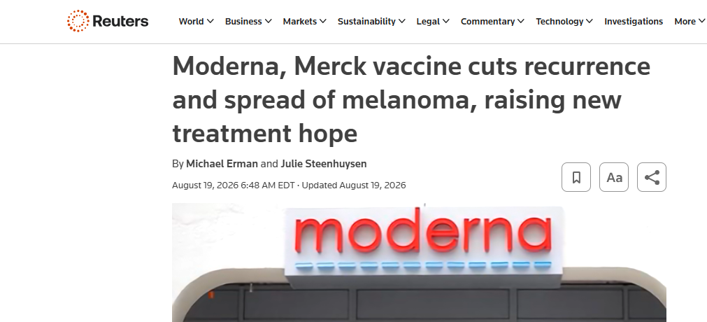 Moderna (MRNA.O), opens new tab and Merck (MRK.N), opens new tab said on Wednesday that a personalized mRNA cancer vaccine reduced the ​risk of recurrence and spread of melanoma in a late-stage trial, a major success in a new field of cancer treatmen