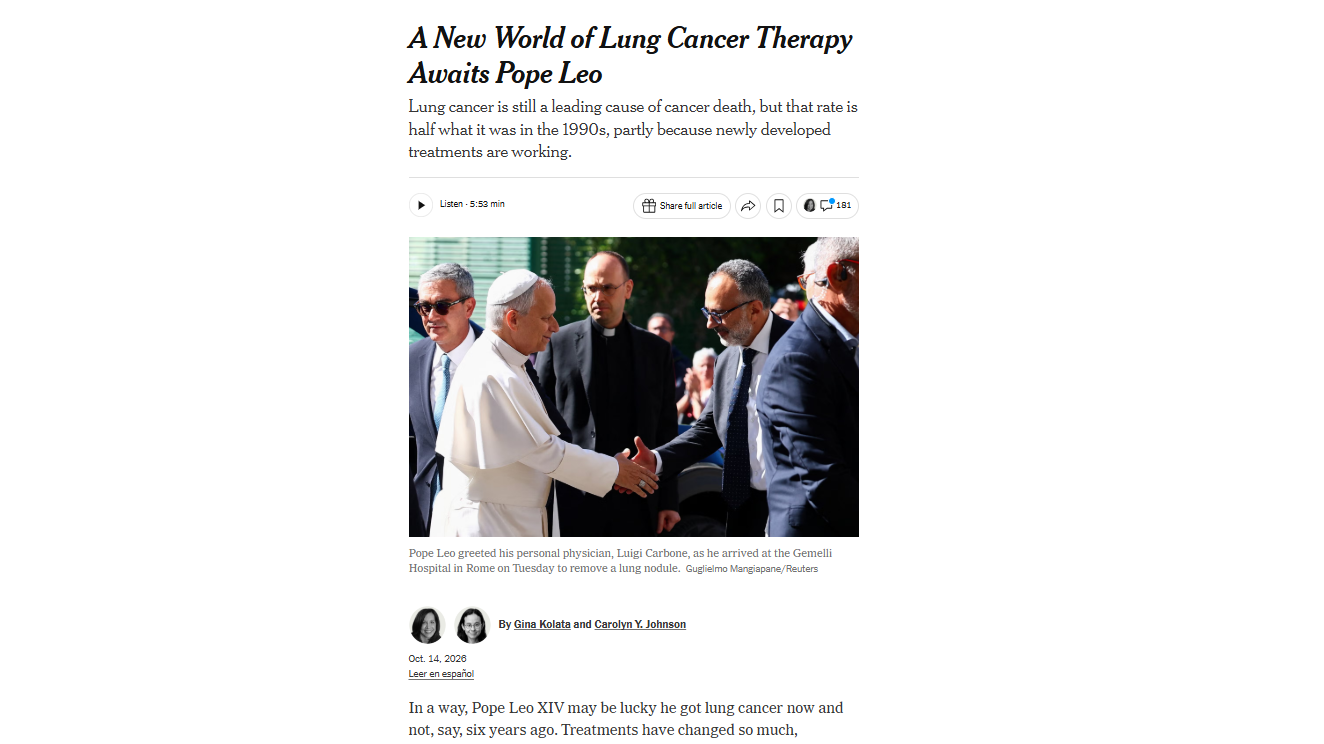 A New World of Lung Cancer Therapy Awaits Pope Leo
Lung cancer is still a leading cause of cancer death, but that rate is half what it was in the 1990s, partly because newly developed treatments are working.