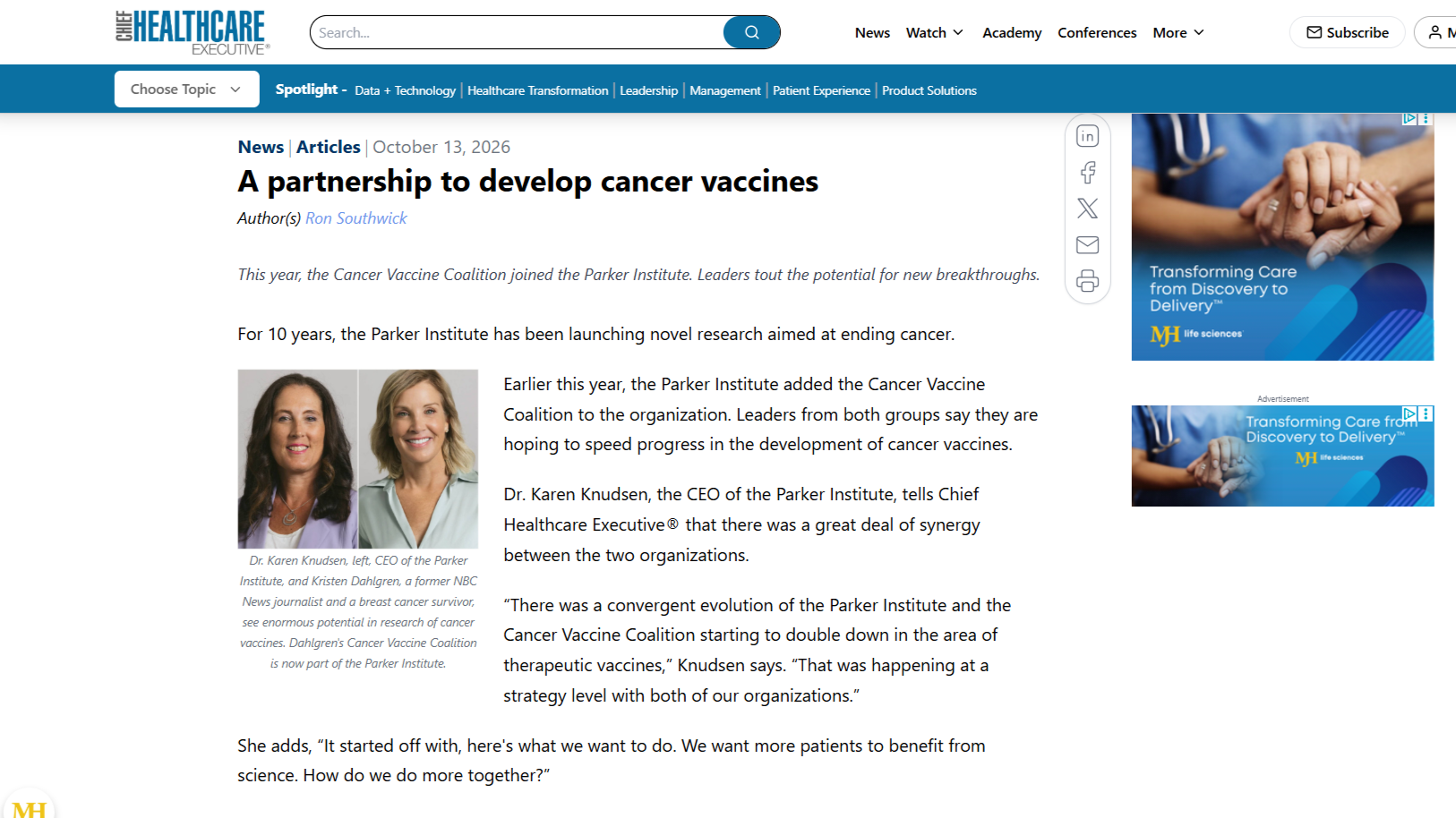 This year, the Cancer Vaccine Coalition joined the Parker Institute. Leaders tout the potential for new breakthroughs.