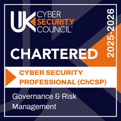 A certification badge from UK Cyber Security Council for Charter Cyber Security Professional (ChCSP) for 2025-2026, featuring governance and risk management.