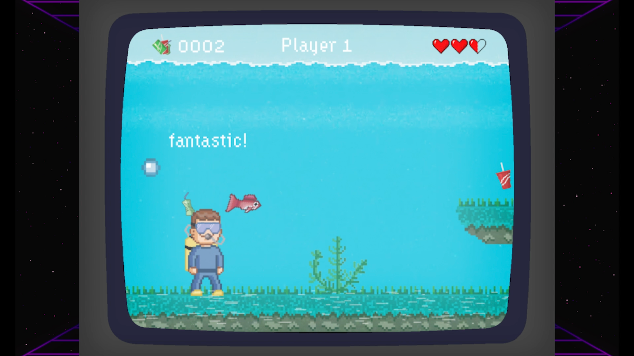 Pixel art underwater scene from a video game showing a diver with goggles, a small fish jumping out of the water, and underwater plants. The game interface displays a score of 002, three red hearts indicating health, and the word 'fantastic!' on the 
