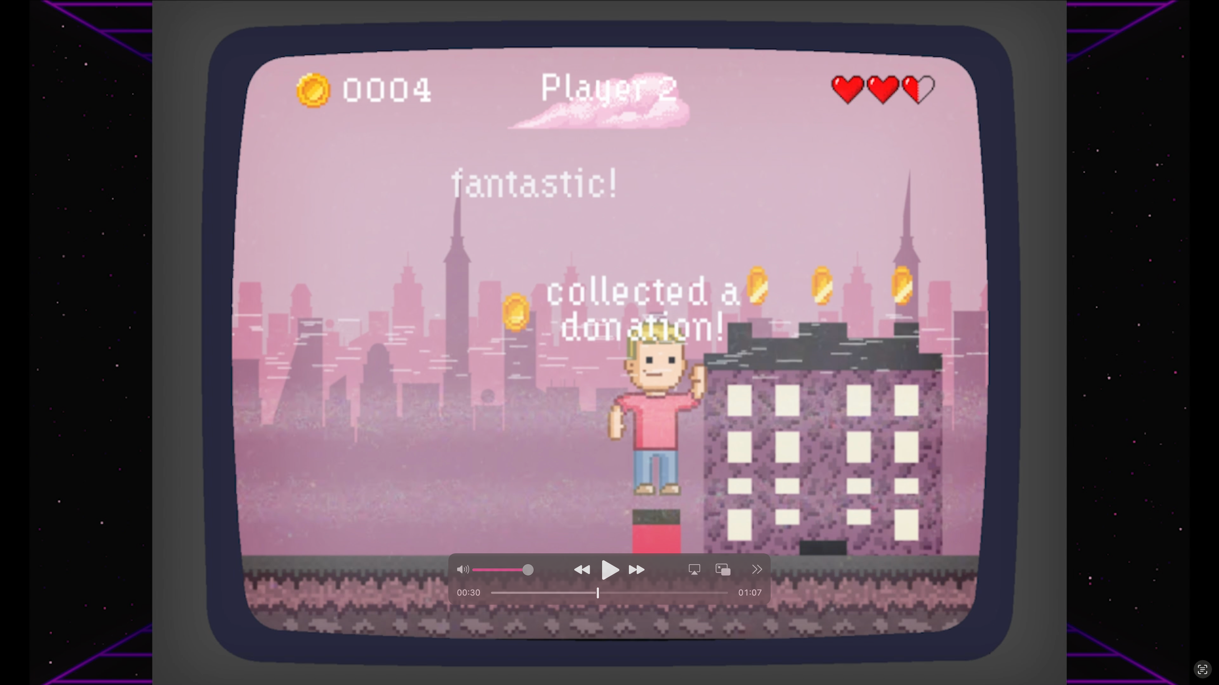 Pixel art style image of a retro video game screen with a pink city skyline background. The game shows a character holding a pickaxe, coins at the top left, a score of 4 coins, and a health bar with three hearts. The screen displays the message 'fant