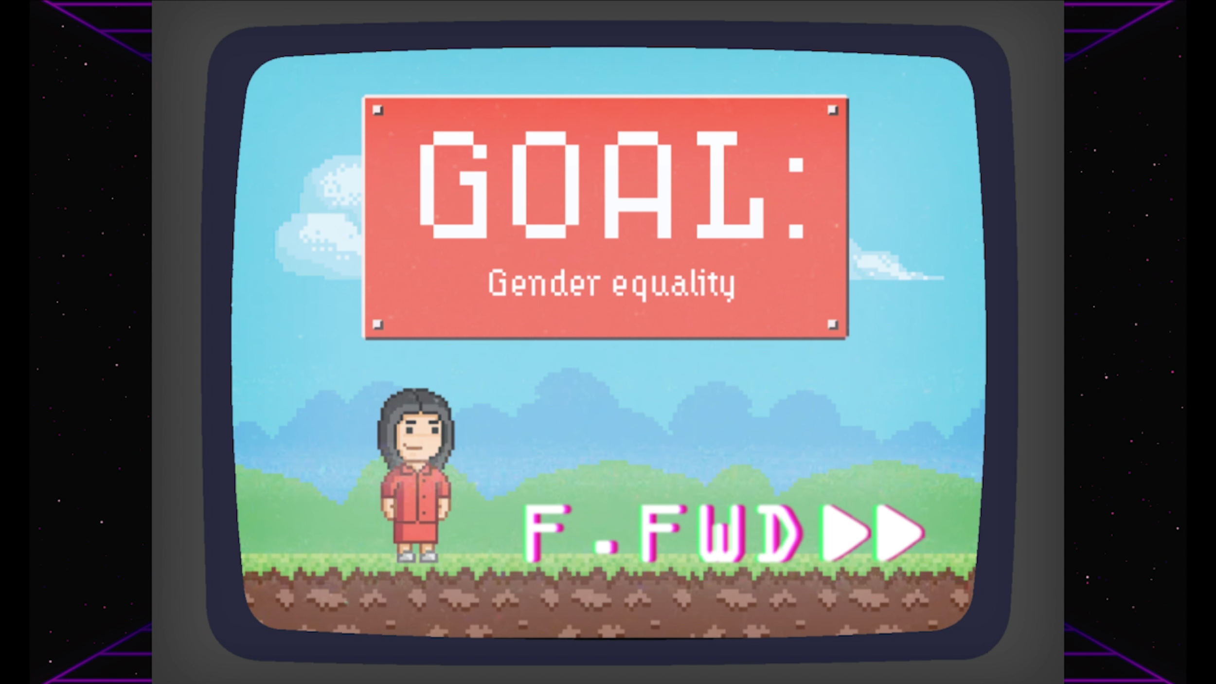 Pixel art video game screen displaying the word "GAME" with the subtitle "Gender equality" and a pixel character standing on green grass.