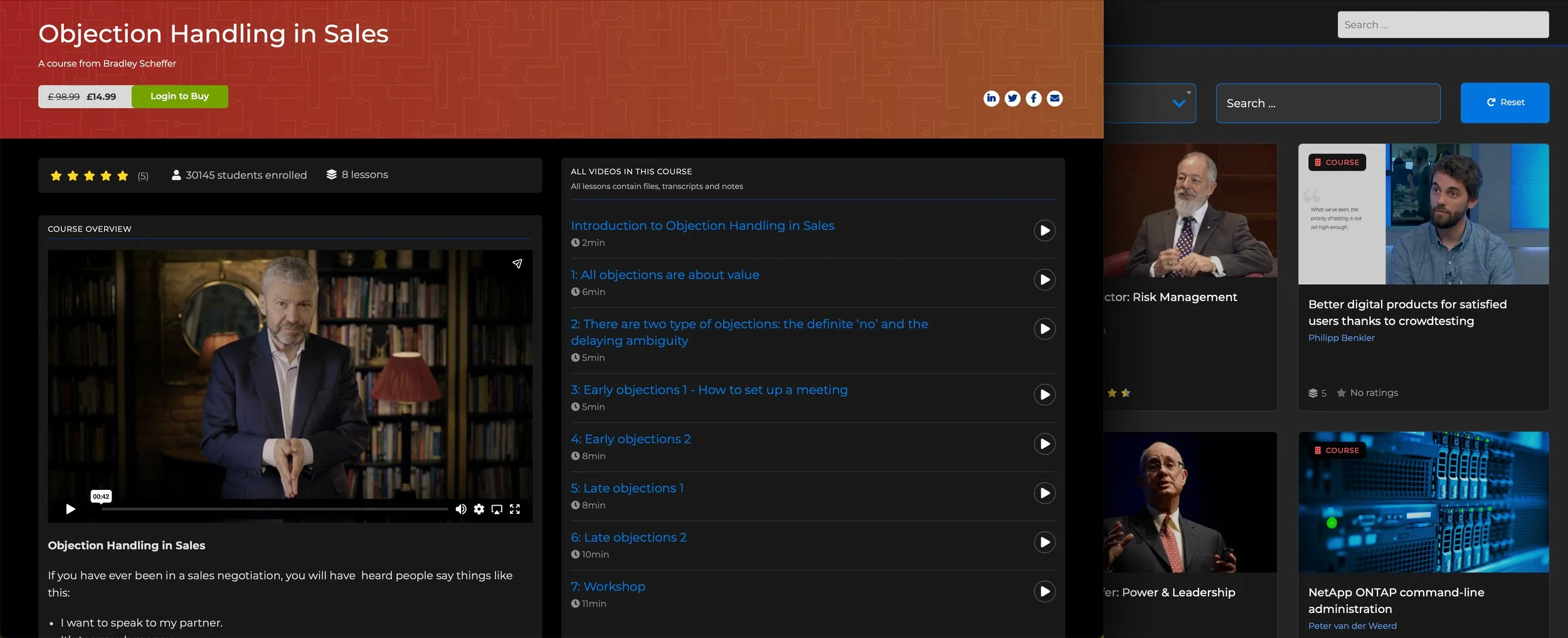 Screenshot of an online course titled 'Objection Handling in Sales' with a video of a man in a suit in a library setting. The course has a black background with a red header and green 'Login to Buy' button. On the right, there are related course thumbnails with speakers and titles. The course overview includes sections such as introduction, types of objections, and setting up meetings.