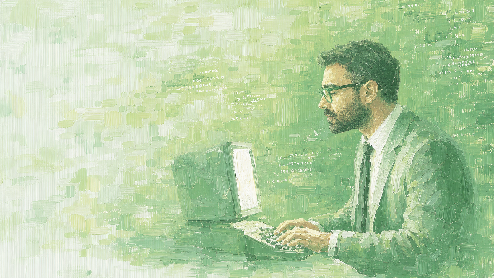 A man with dark hair, beard, and glasses working on a laptop, dressed in a suit and tie, in a green abstract background.
