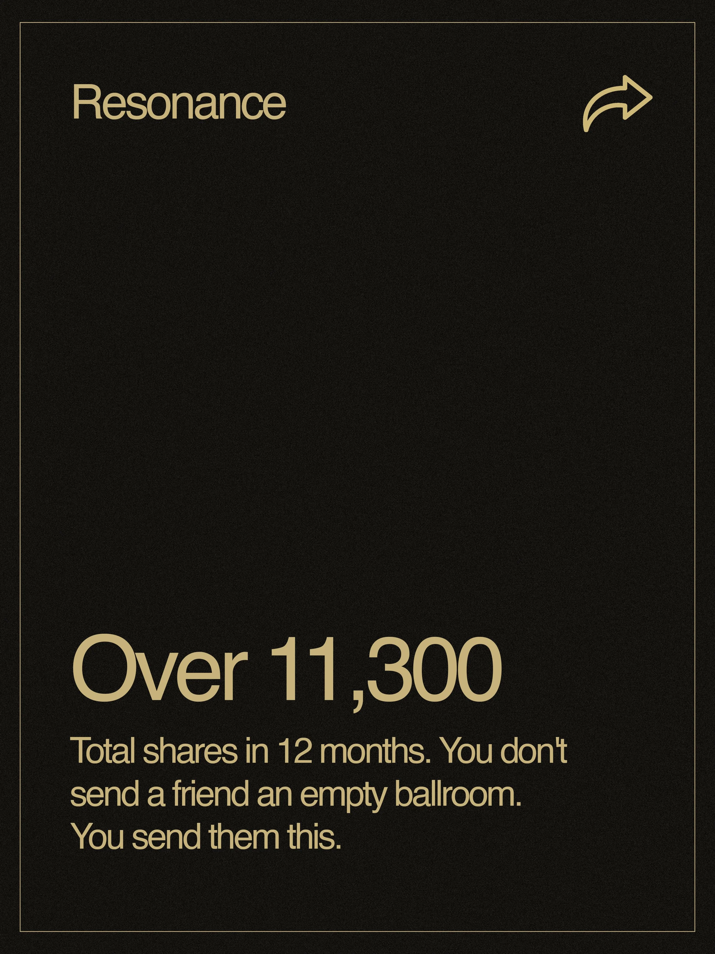 Text on a dark background reading: 'Over 11,300. Total shares in 12 months. You don't send a friend an empty ballroom. You send them this.'