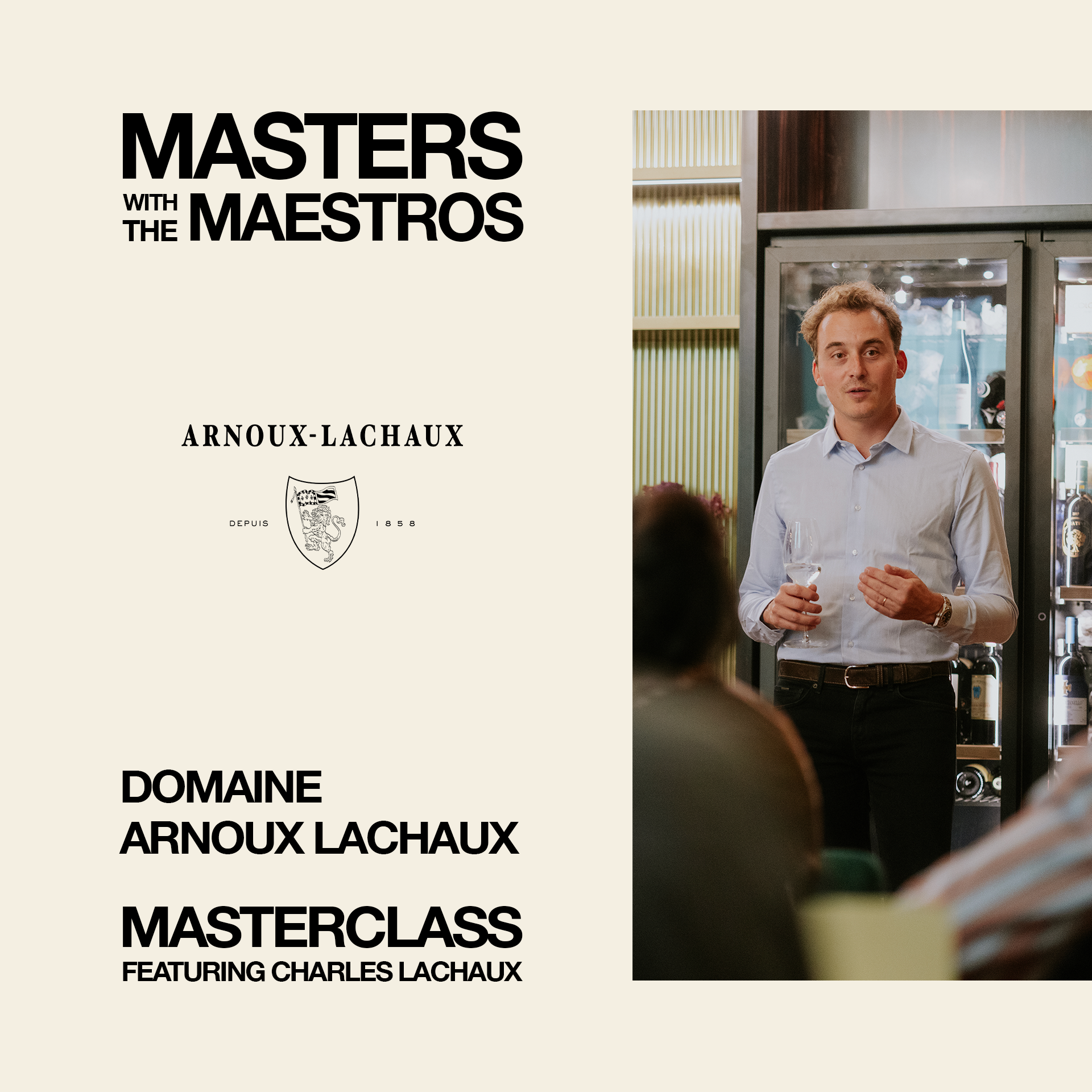 Book cover titled 'Masters with the Maestros' by Arnoux-Lachaux featuring Charles Lachaux, with a photo of a man in a white shirt holding a glass of wine, standing indoors near a wine refrigerator.