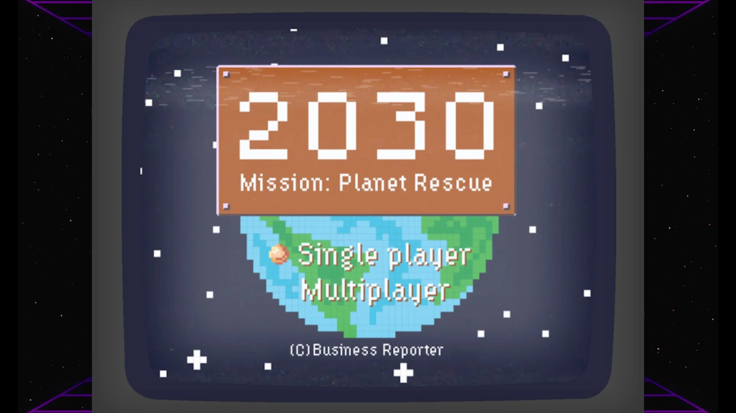 Title screen displaying the game '20,000 Mission: Planet Rescue' with options for single-player and multiplayer modes, set against a space background with stars and a pixelated Earth.