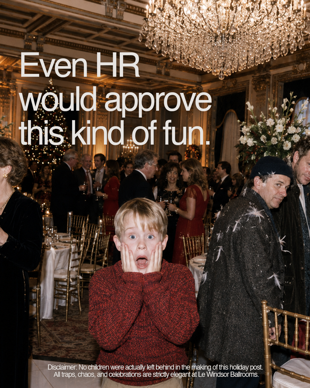 A group of people celebrating at a fancy party in a ballroom decorated with a Christmas tree and a large chandelier. A young boy in the foreground is surprised with his hands on his face, and there are guests in the background socializing.