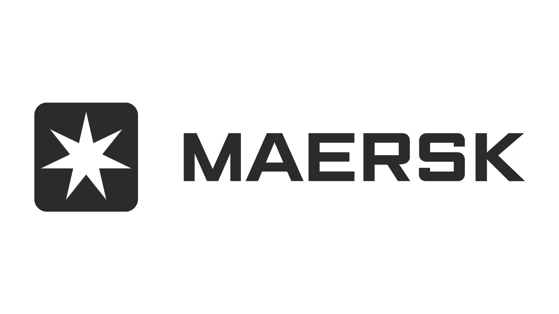 Maersk logo featuring a black eight-pointed star inside a black square, with the word "MAERSK" in uppercase black letters to the right of the star.