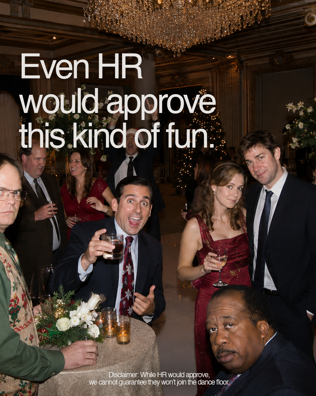 People at a holiday party dancing and celebrating in a decorated room with Christmas trees and chandeliers.