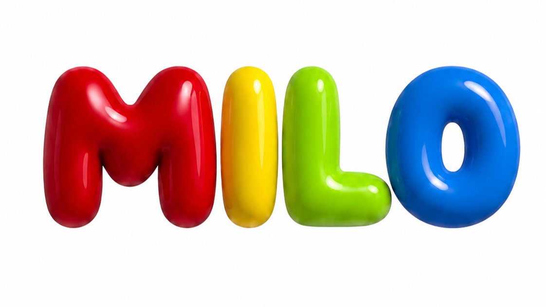 Colorful inflatable letters spell out "MILO" against a white background.