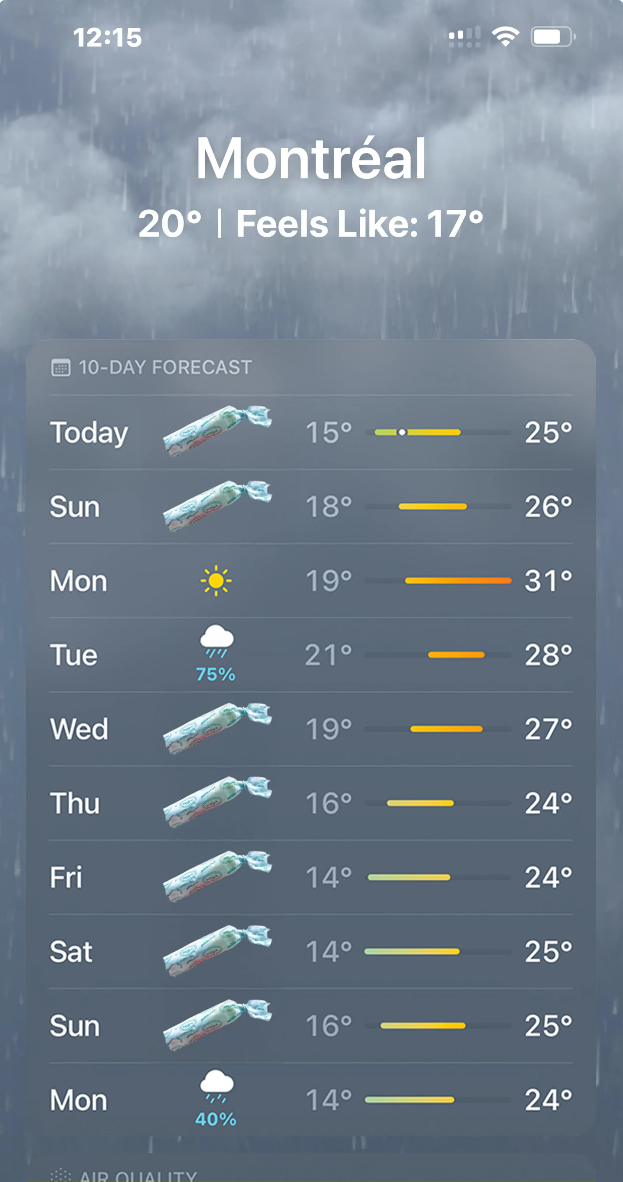 Weather forecast for Montreal showing rain and temperature of 20°C, feels like 17°C, with a 10-day outlook including rain, sun, and cloudy days.