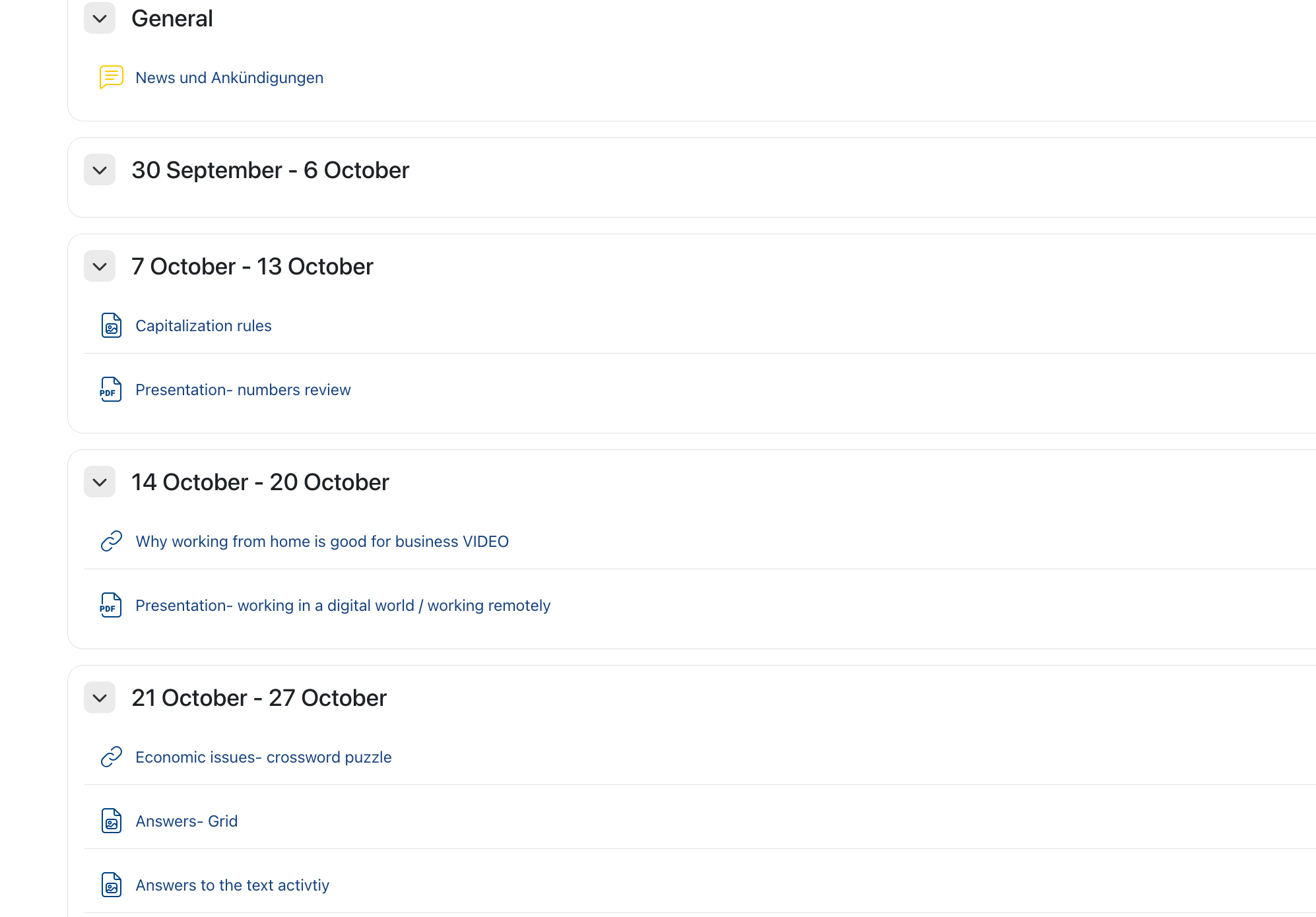 a screenshot of a Moodle course with dates, links and PDFS.