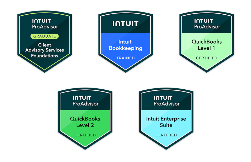 Five official Intuit certification badges: Client Advisory Services Foundations, Intuit Bookkeeping Certification, QuickBooks Certification Level 1, QuickBooks Certification Level 2, and Intuit Enterprise Suite Certification.