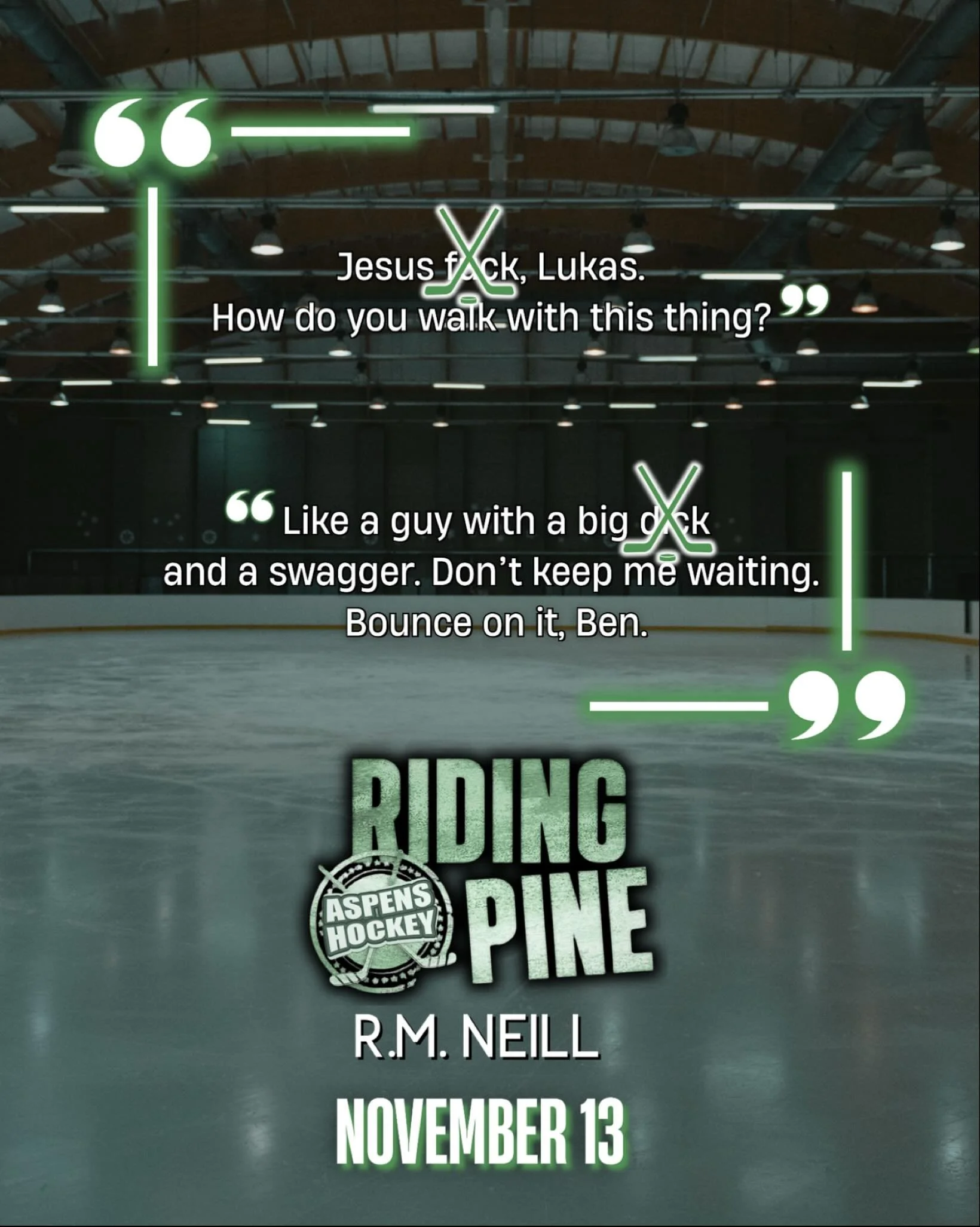 Riding Pine is a new stand alone hockey/mascot forbidden workplace romance releasing Nov 13.

Ben likes to say his quiet thoughts out loud.
Lukas always has an answer, lol.

🏒 hockey tough guy with a soft side
❤️ Falls for the beaver mascot
🏒 One n