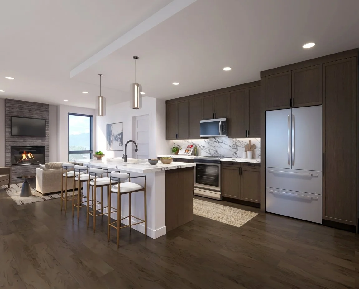 Modern open-concept kitchen with dark wood cabinets, white marble backsplash, stainless steel appliances, marble kitchen island with four barstools, and pendant lighting, adjacent to a living room with a fireplace and a flat-screen TV.