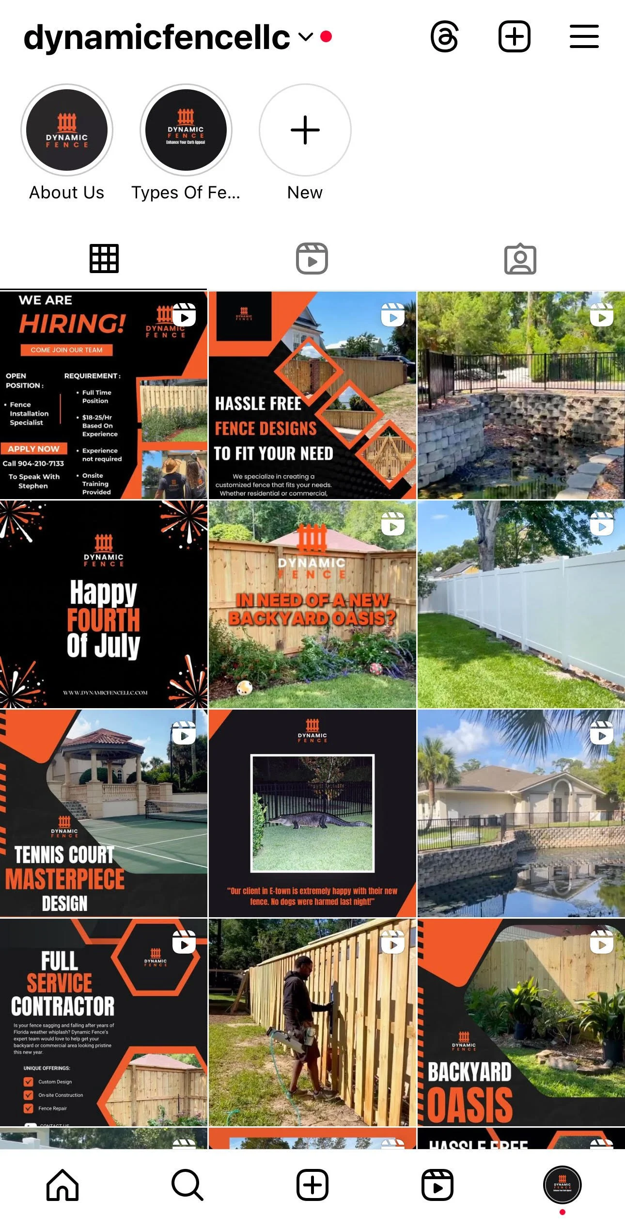 Dynamic Fence's Instagram grid after working with Synovial Marketing