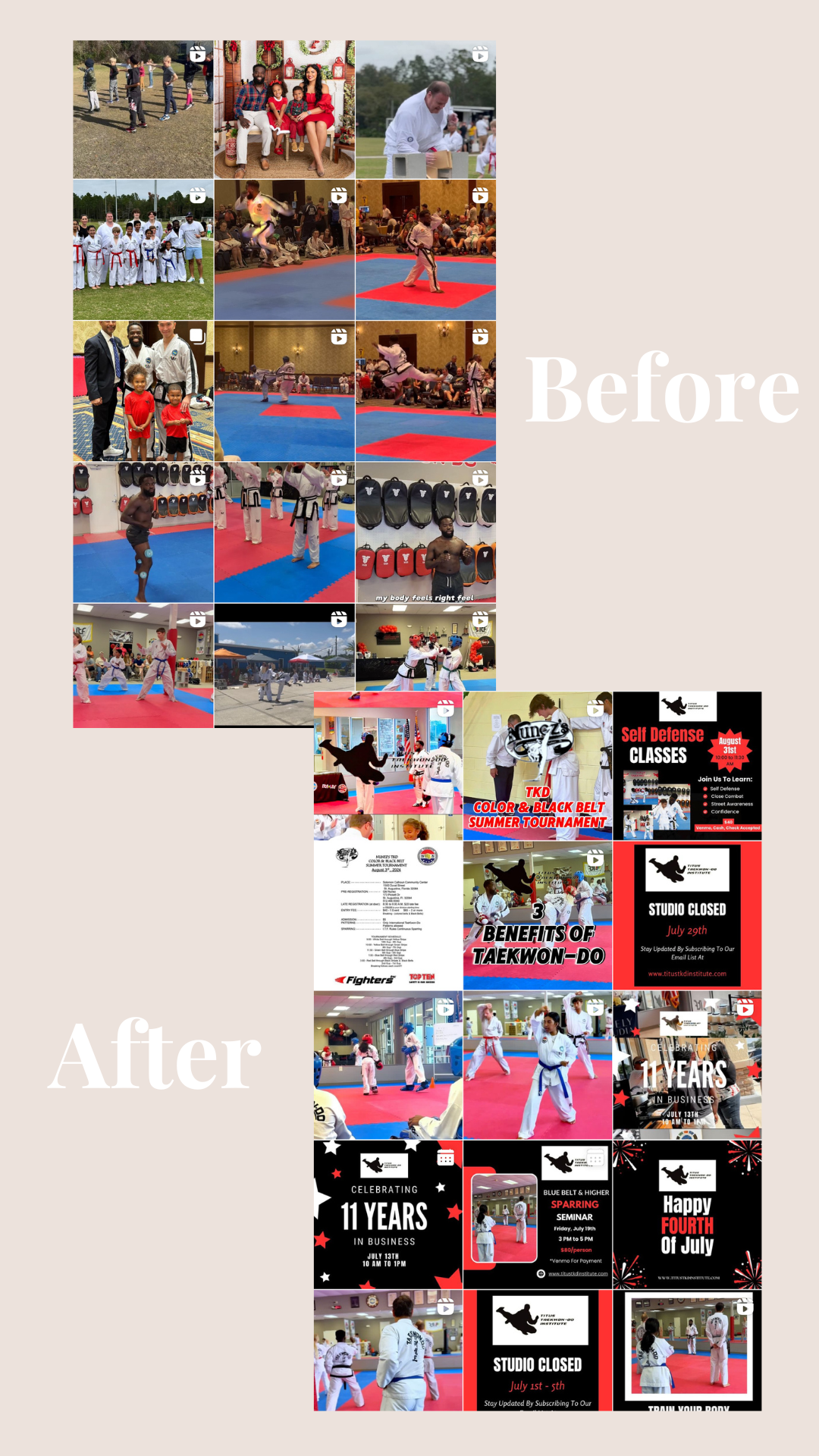 Before and after Instagram story for Titus Taekwon-Do Institute