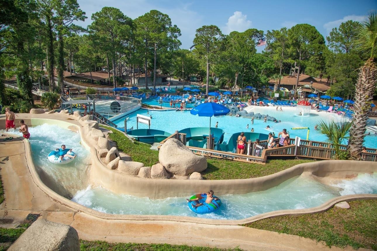Aerial view of pools and rides at Shipwreck Island Water Park in Panama City Beach, Florida