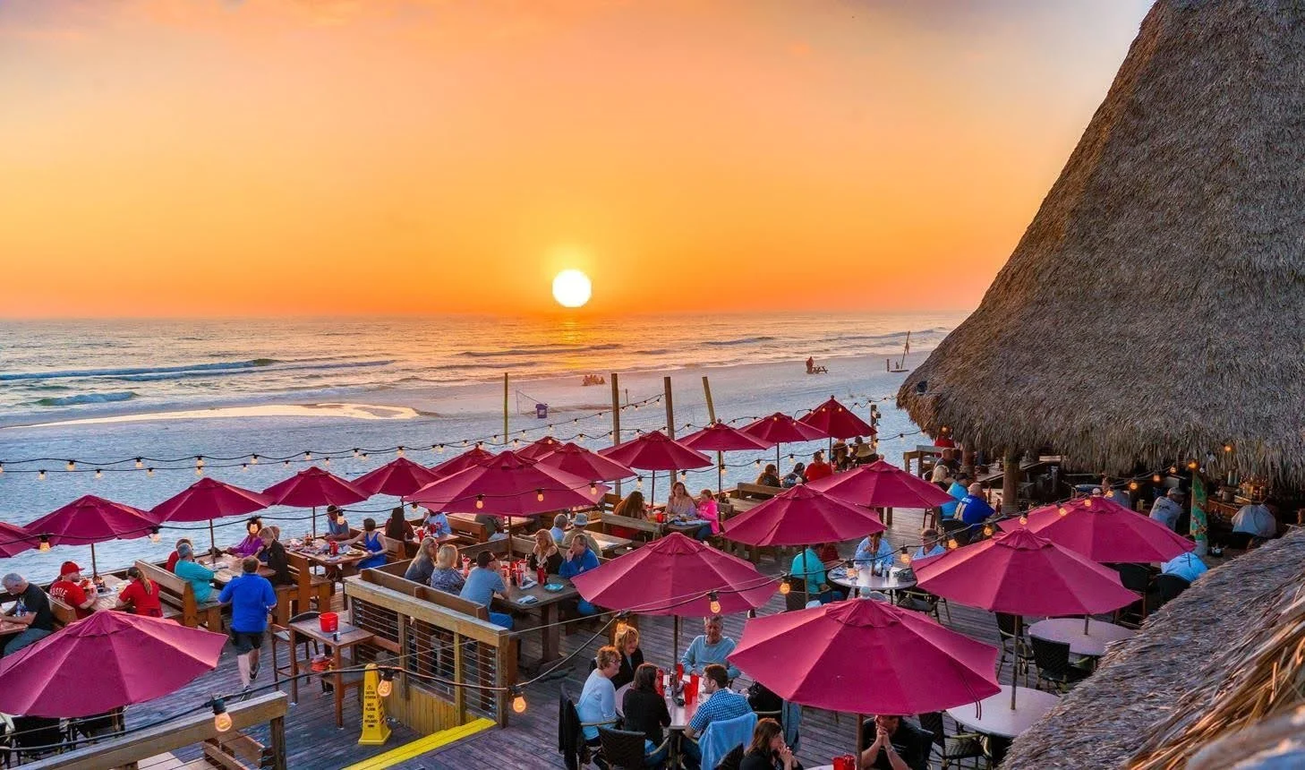 Aerial view of Sharky's Beachfront Restaurant in Panama City Beach, Florida.
