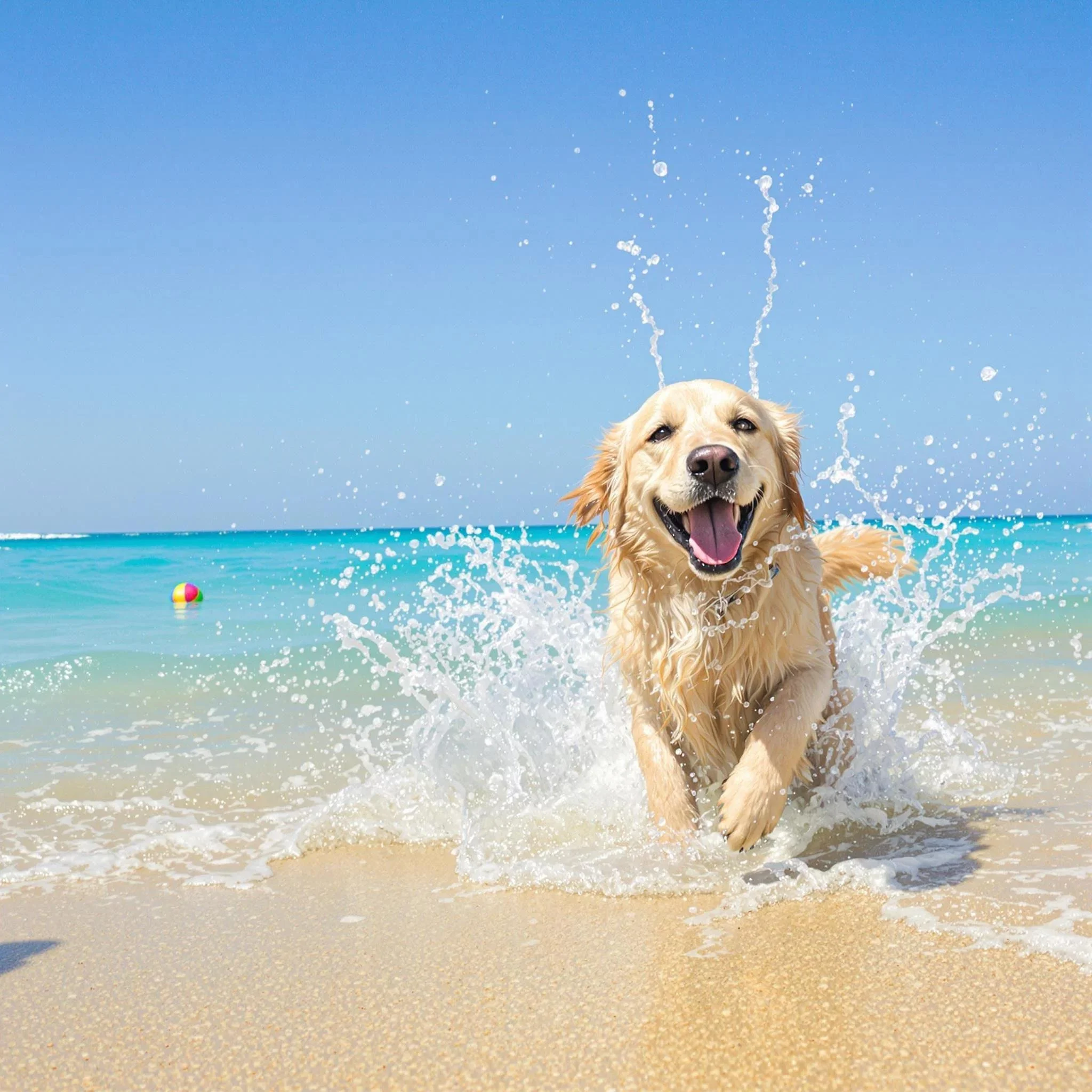 A golden retriever dog splashes in the surf in Panama City Beach, Florida