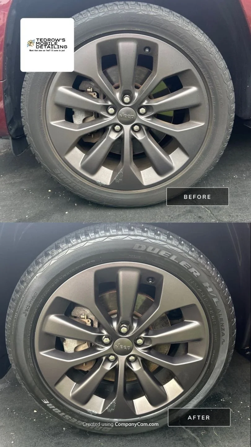 Wheel and tire before and after deep cleaning during Exterior Essentials in Rye Brook, NY