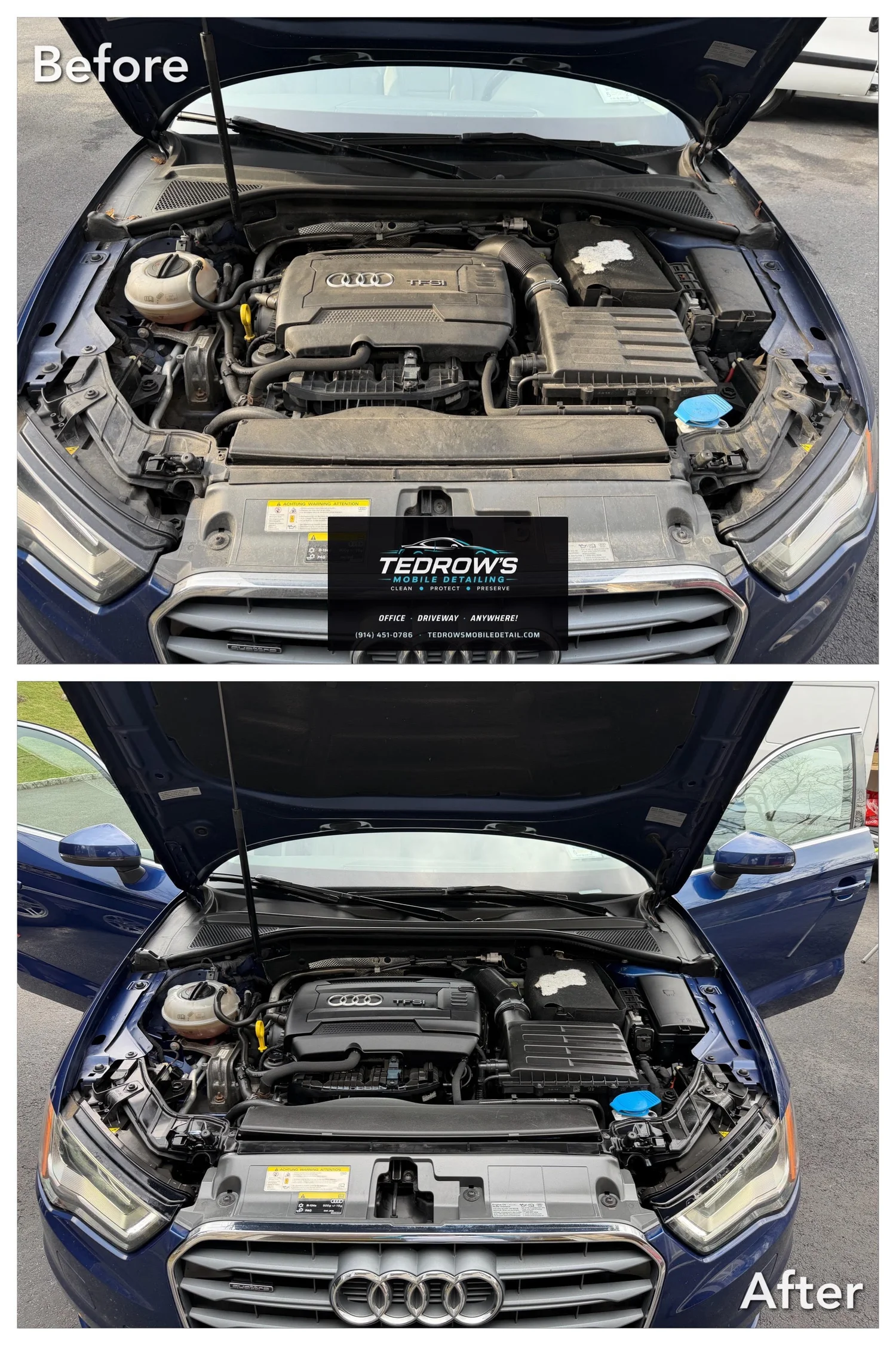 Engine bay before and after professional cleaning in Westchester County