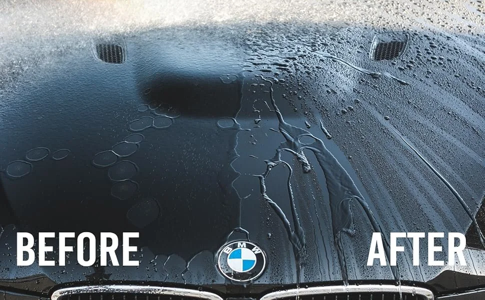 BMW hood before and after paint decontamination showing difference in water behavior