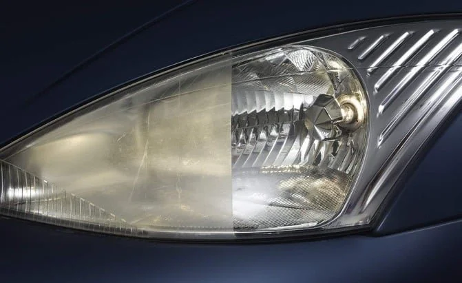 Headlight restoration before and after showing clear versus oxidized lens