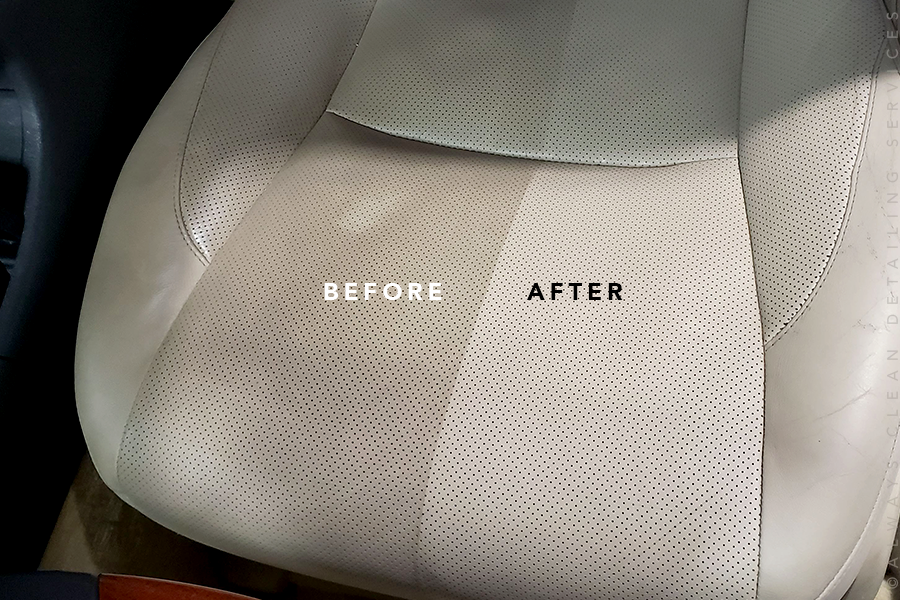 Leather car seat before and after professional stain removal