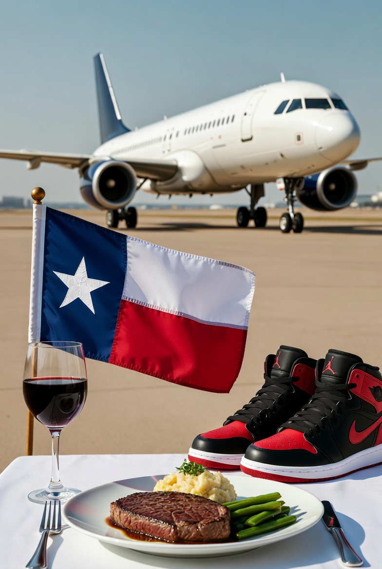 Plane, with Texas flag, a fancy plate of food and jordan shoes.