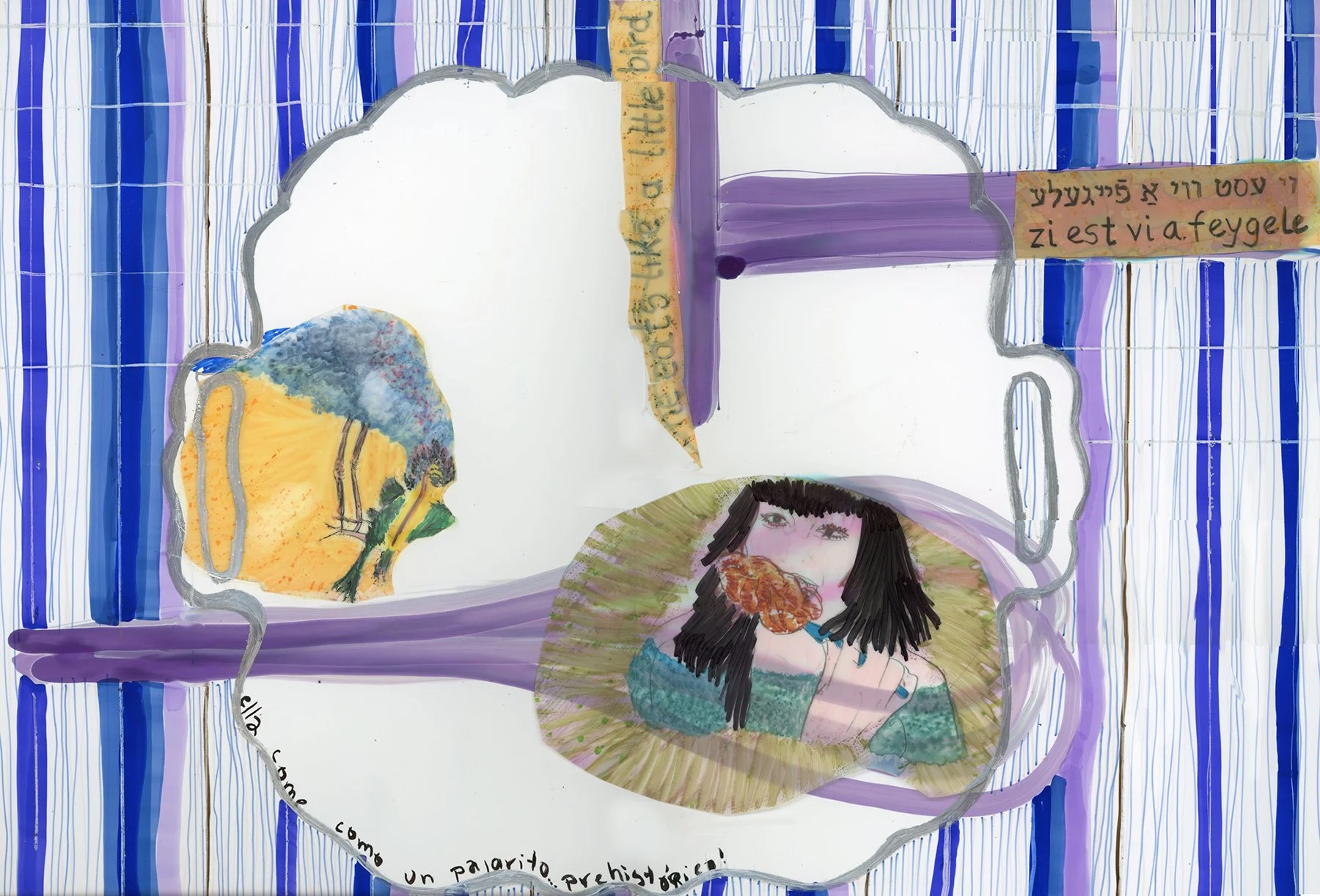 She-Eats-like-a-bird,2025
Manyo inks & Acrylic on mylar on Yupo paper 
19 x 13 in.