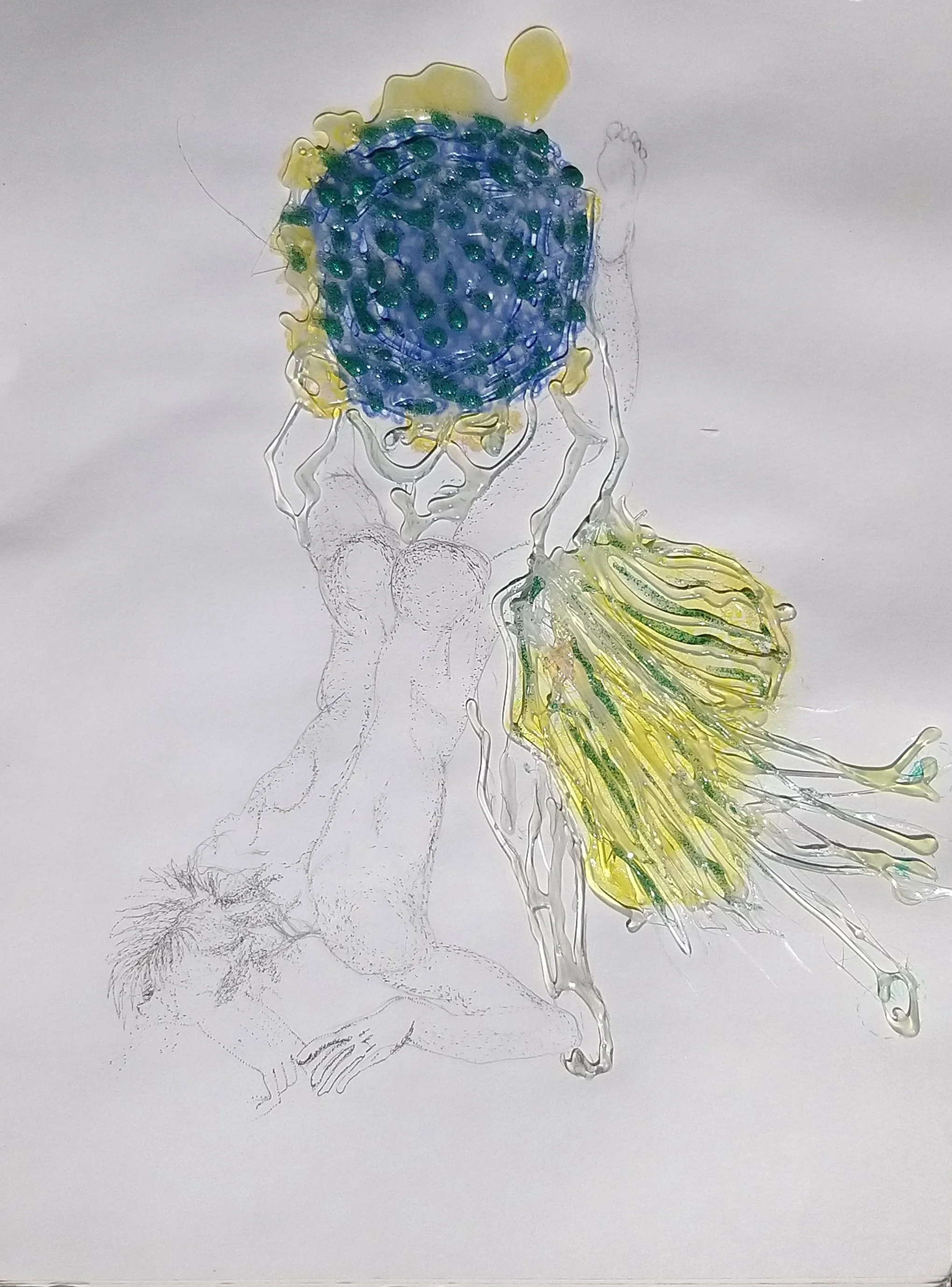 Transforming Grief 2025.
Watercolor, ink, graphite, metallic pigments, and silicon on Mylar paper. 14 x 11 x 1/4 in