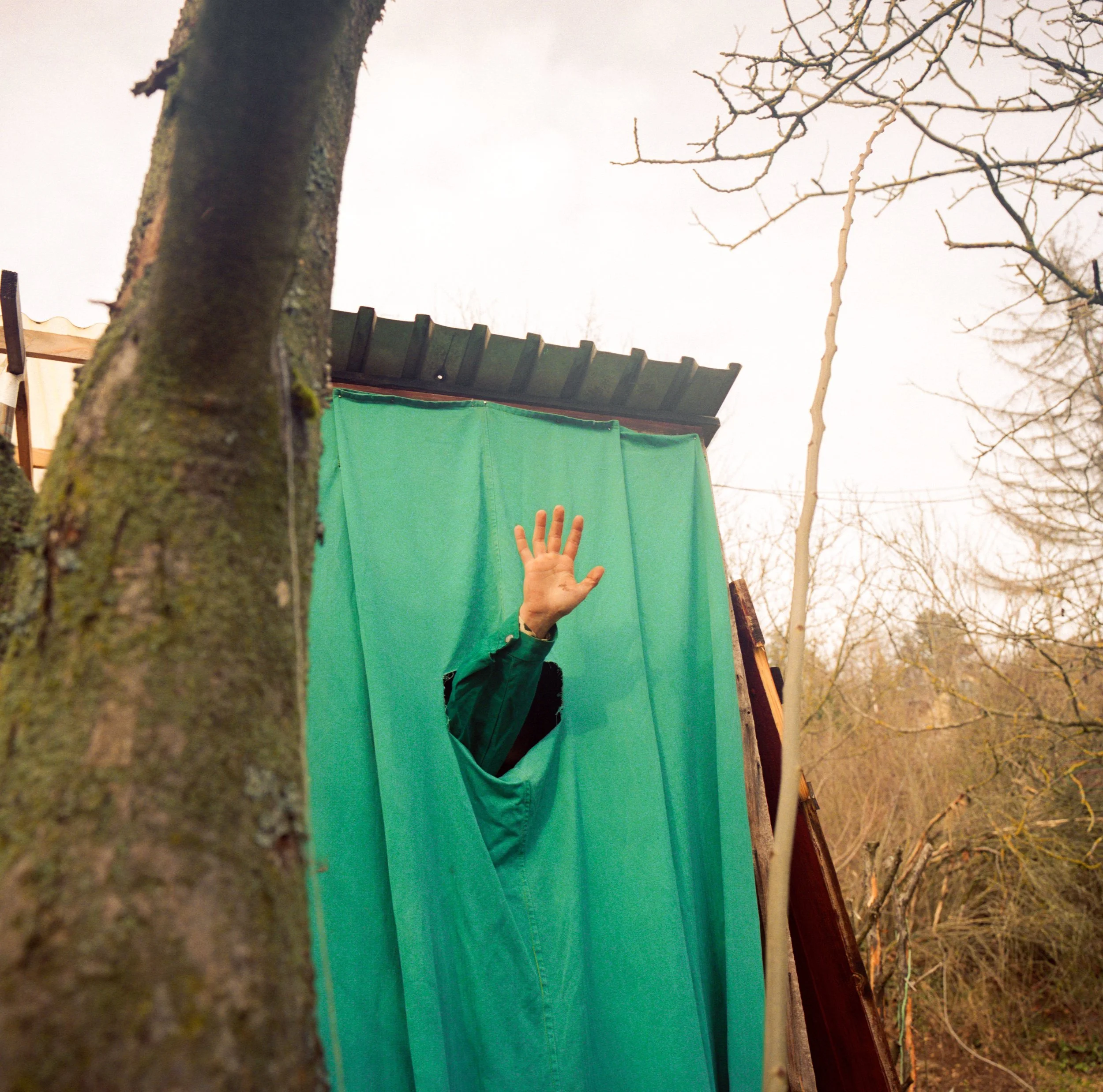 Hand reaching through outdoor toilet