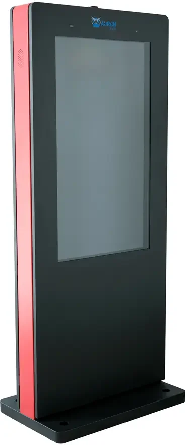 Висок дигитален рекламен екран тип "тотем" (digital signage), с черна рамка, червен страничен панел и лого с надпис „AURON tech“ в горната част.