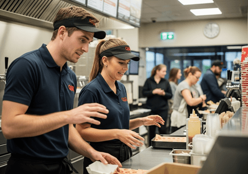 Двама стресирани служители, работещи на щанд в ресторант за бързо хранене, приготвят храна и обслужват клиенти.